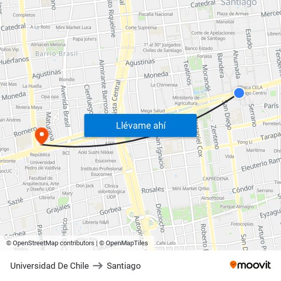 Universidad De Chile to Santiago map