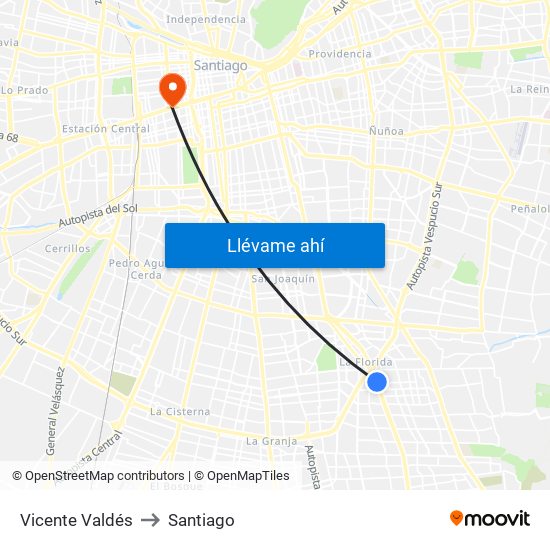 Vicente Valdés to Santiago map