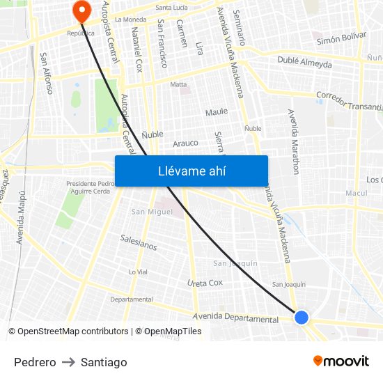 Pedrero to Santiago map