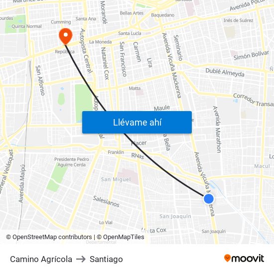 Camino Agrícola to Santiago map