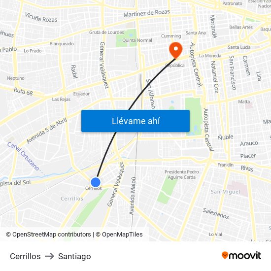 Cerrillos to Santiago map