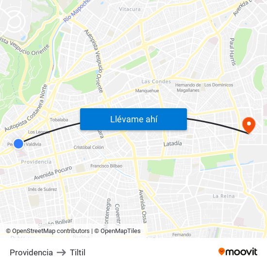 Providencia to Tiltil map