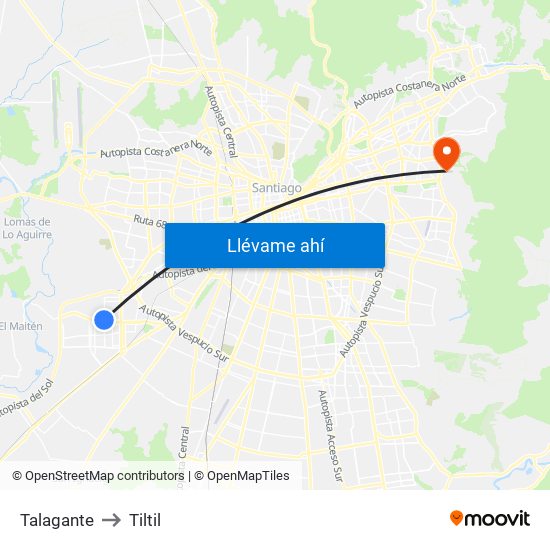 Talagante to Tiltil map