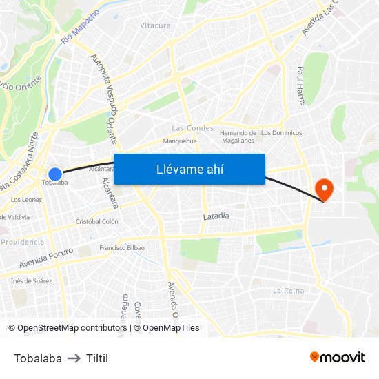 Tobalaba to Tiltil map