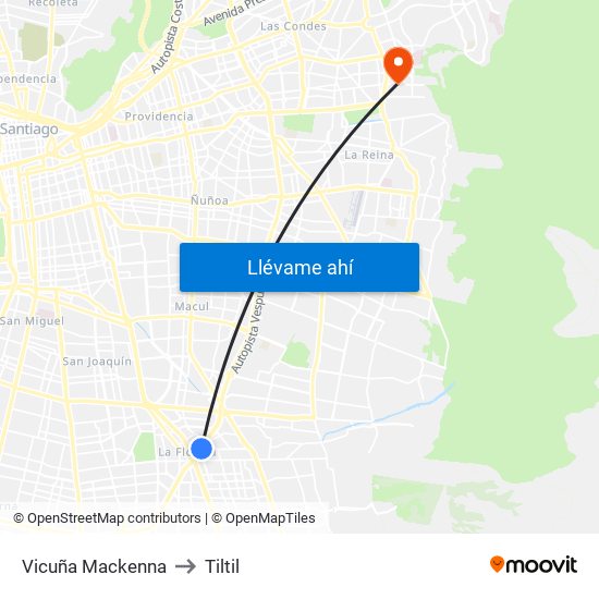 Vicuña Mackenna to Tiltil map