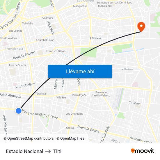 Estadio Nacional to Tiltil map