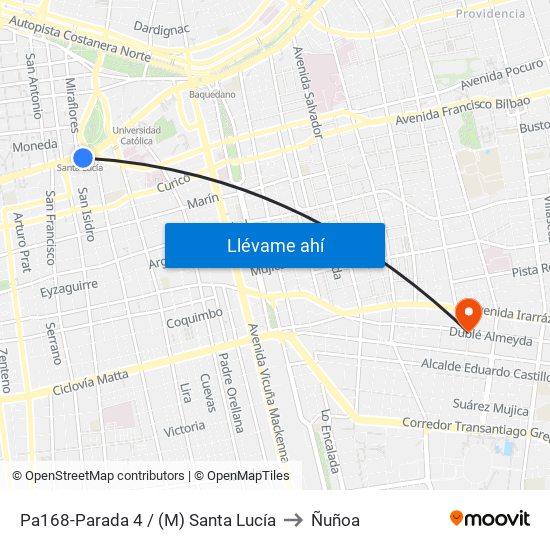 Pa168-Parada 4 / (M) Santa Lucía to Ñuñoa map