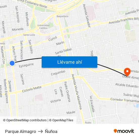 Parque Almagro to Ñuñoa map