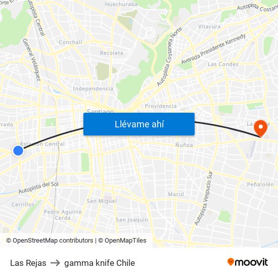 Las Rejas to gamma knife Chile map