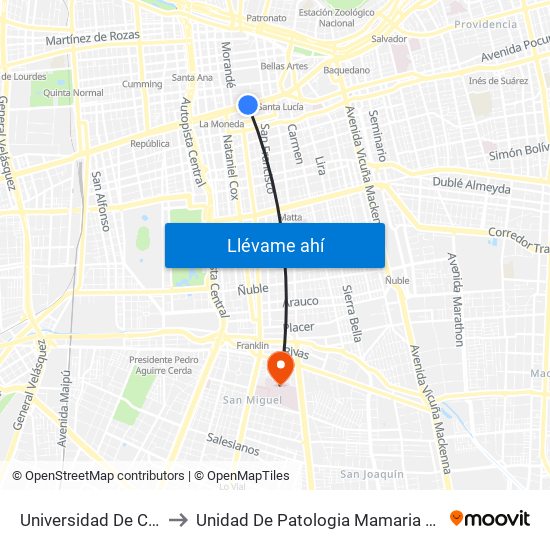 Universidad De Chile to Unidad De Patologia Mamaria HBLT map