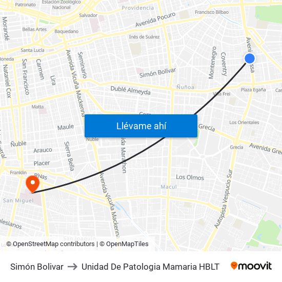 Simón Bolivar to Unidad De Patologia Mamaria HBLT map