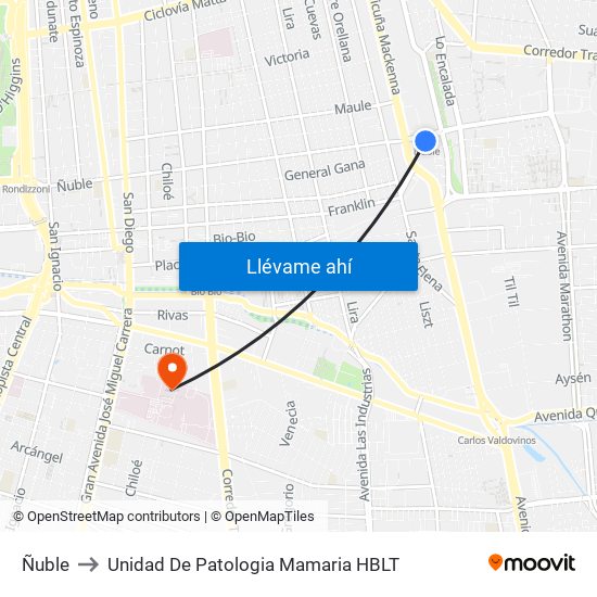 Ñuble to Unidad De Patologia Mamaria HBLT map