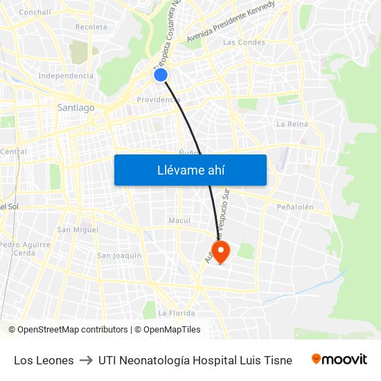 Los Leones to UTI Neonatología Hospital Luis Tisne map