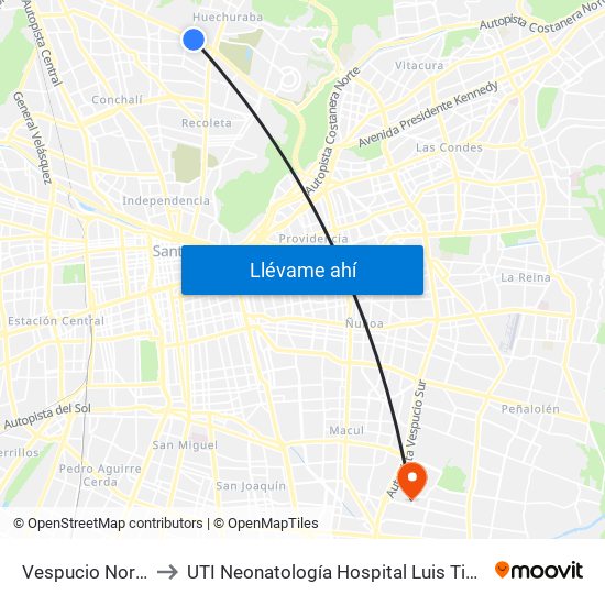 Vespucio Norte to UTI Neonatología Hospital Luis Tisne map