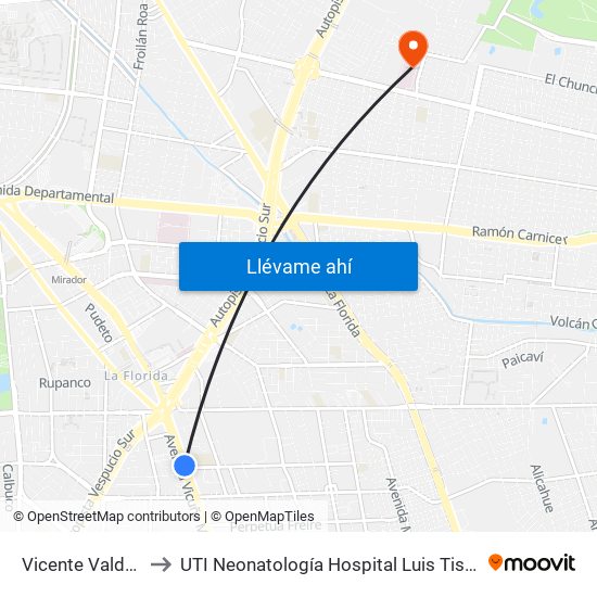 Vicente Valdés to UTI Neonatología Hospital Luis Tisne map