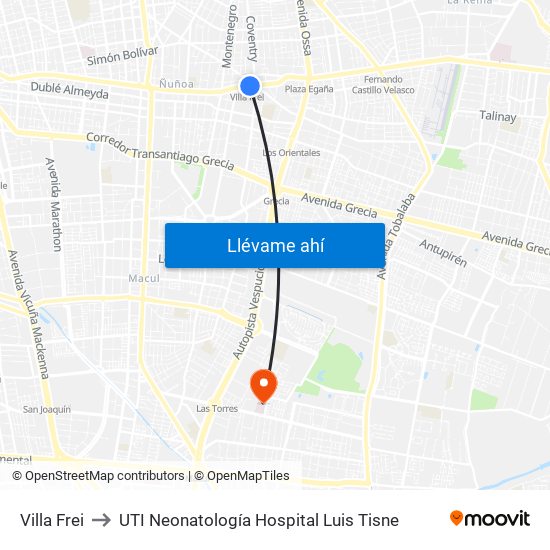Villa Frei to UTI Neonatología Hospital Luis Tisne map