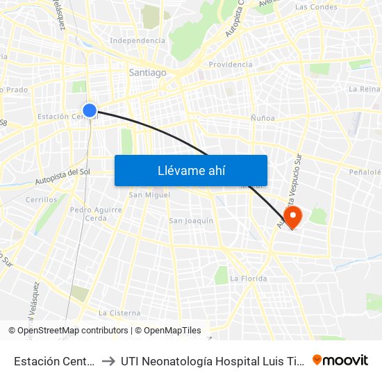 Estación Central to UTI Neonatología Hospital Luis Tisne map