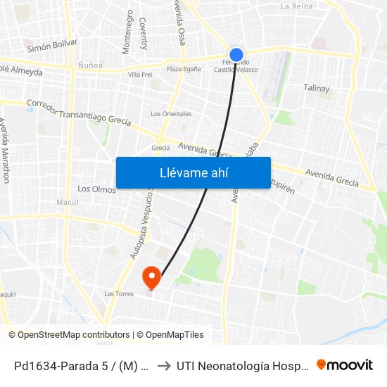 Pd1634-Parada 5 / (M) Fdo.Castillo V. to UTI Neonatología Hospital Luis Tisne map