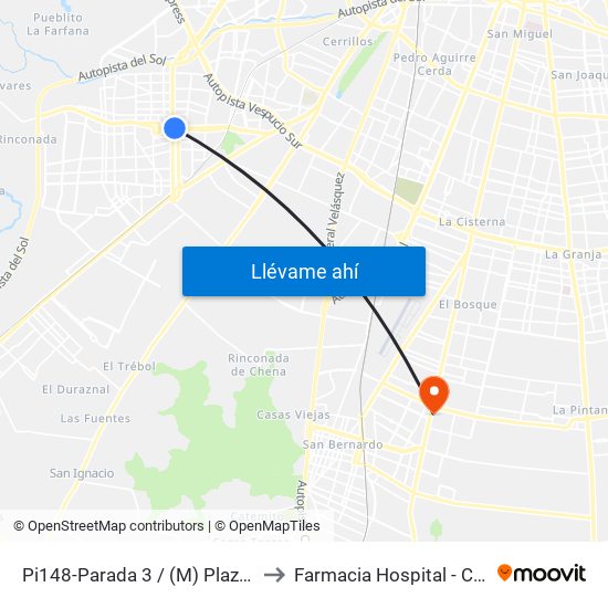 Pi148-Parada 3 / (M) Plaza De Maipú to Farmacia Hospital - Crs El Pino map