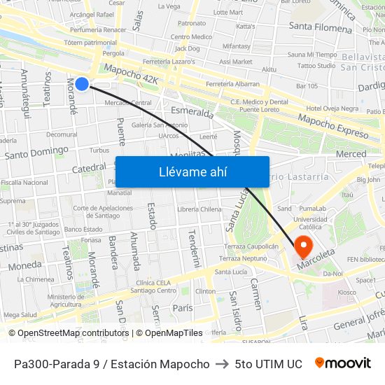 Pa300-Parada 9 / Estación Mapocho to 5to UTIM UC map