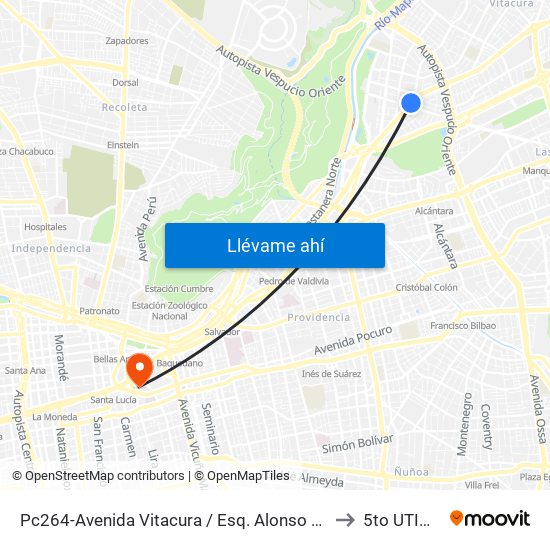 Pc264-Avenida Vitacura / Esq. Alonso De Córdova to 5to UTIM UC map