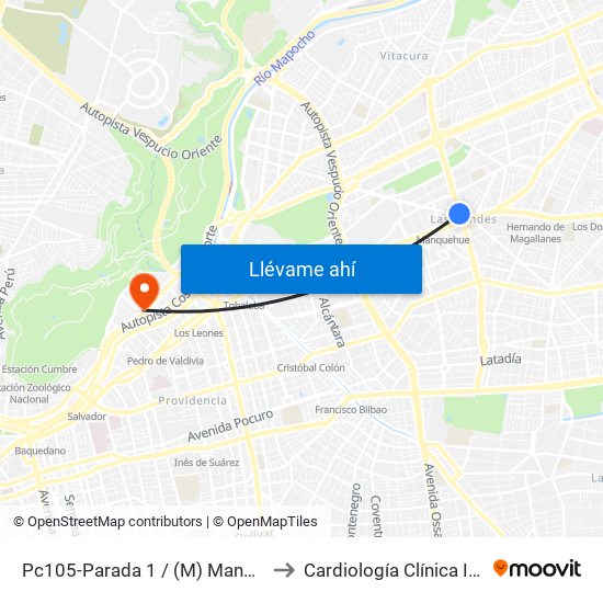 Pc105-Parada 1 / (M) Manquehue to Cardiología Clínica Indisa map