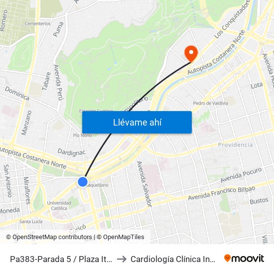 Pa383-Parada 5 / Plaza Italia to Cardiología Clínica Indisa map