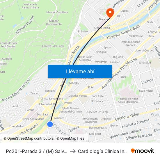 Pc201-Parada 3 / (M) Salvador to Cardiología Clínica Indisa map