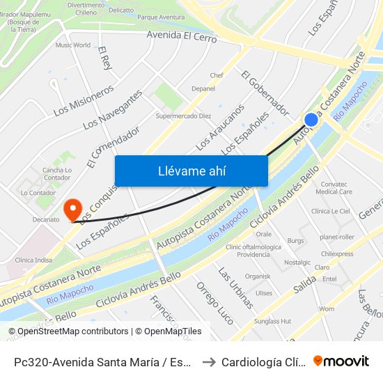 Pc320-Avenida Santa María / Esq. Puente Los Leones to Cardiología Clínica Indisa map
