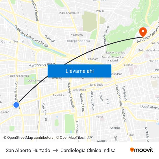 San Alberto Hurtado to Cardiología Clínica Indisa map