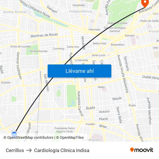 Cerrillos to Cardiología Clínica Indisa map