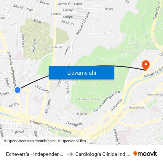 Echeverría - Independencia to Cardiología Clínica Indisa map