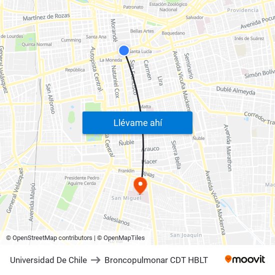 Universidad De Chile to Broncopulmonar CDT HBLT map