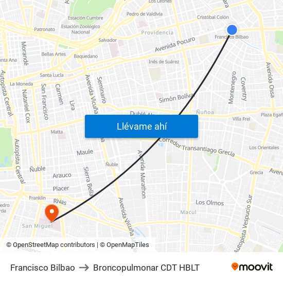 Francisco Bilbao to Broncopulmonar CDT HBLT map