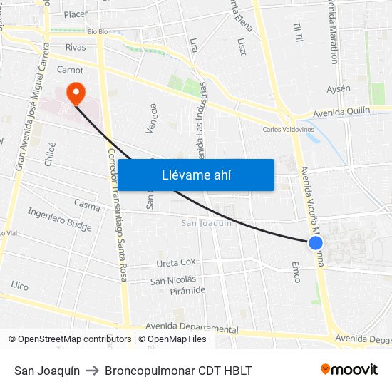 San Joaquín to Broncopulmonar CDT HBLT map