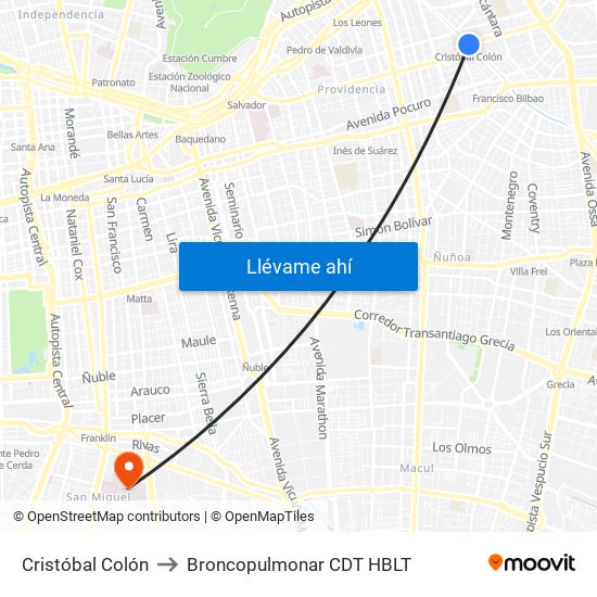 Cristóbal Colón to Broncopulmonar CDT HBLT map