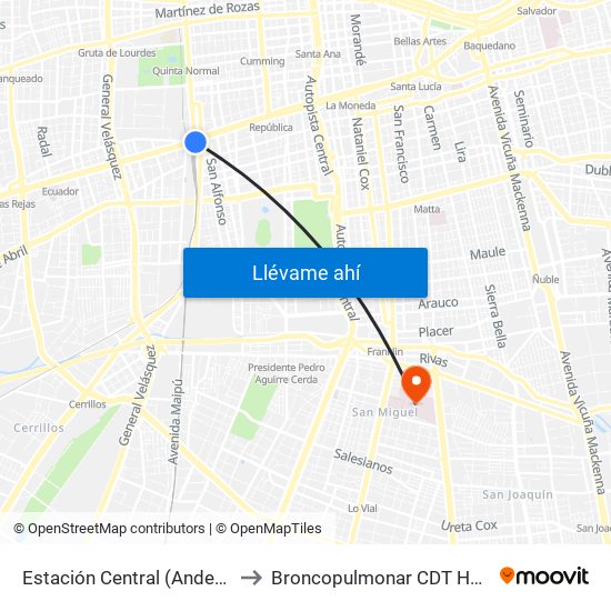 Estación Central (Anden1) to Broncopulmonar CDT HBLT map