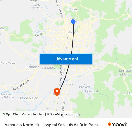 Vespucio Norte to Hospital San Luis de Buin-Paine map
