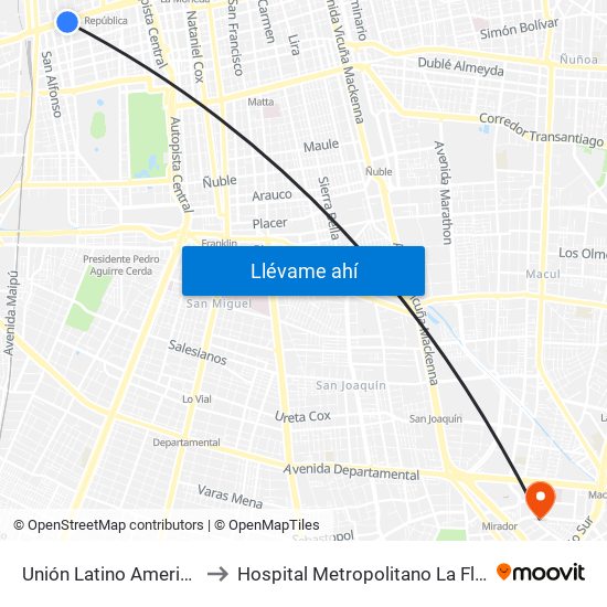 Unión Latino Americana to Hospital Metropolitano La Florida map