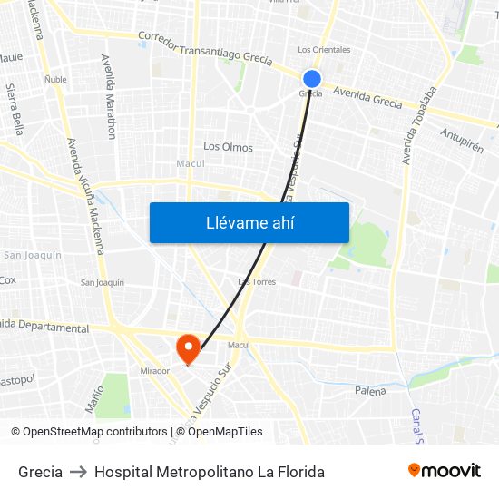 Grecia to Hospital Metropolitano La Florida map