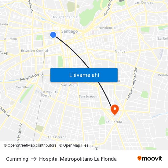 Cumming to Hospital Metropolitano La Florida map
