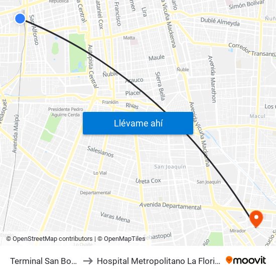 Terminal San Borja to Hospital Metropolitano La Florida map