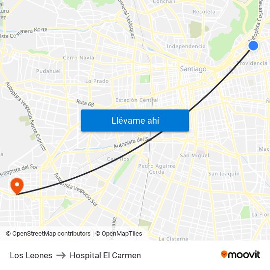 Los Leones to Hospital El Carmen map