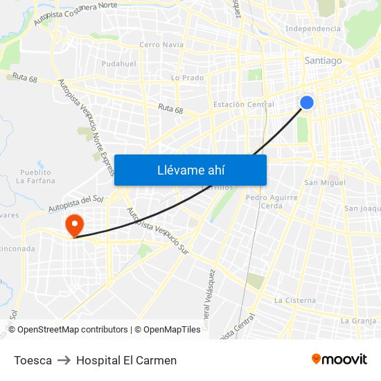 Toesca to Hospital El Carmen map