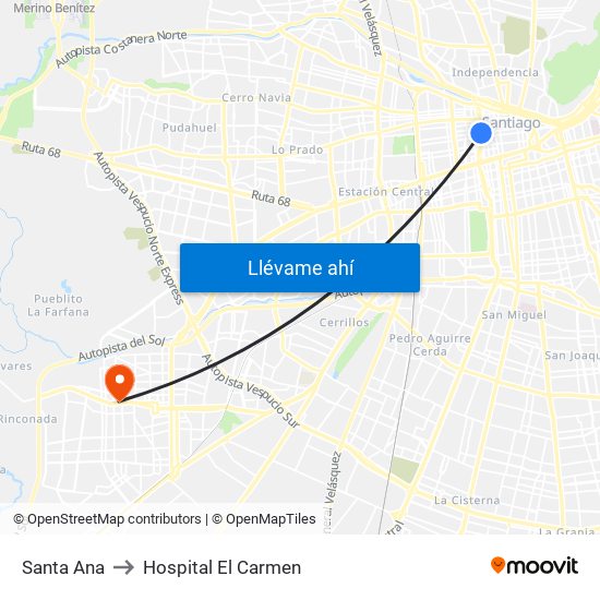 Santa Ana to Hospital El Carmen map