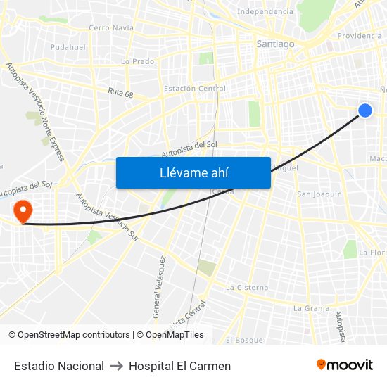 Estadio Nacional to Hospital El Carmen map