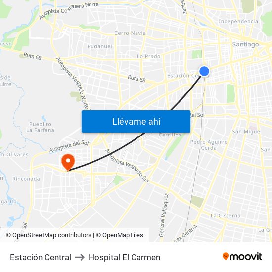 Estación Central to Hospital El Carmen map