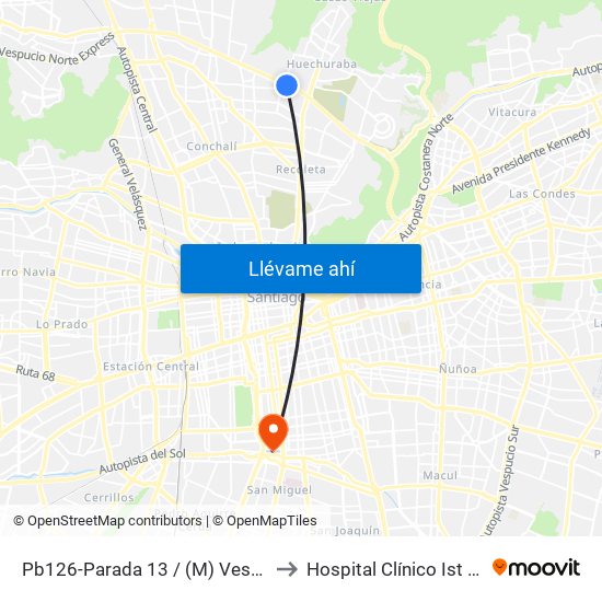 Pb126-Parada 13 / (M) Vespucio Norte to Hospital Clínico Ist Santiago map