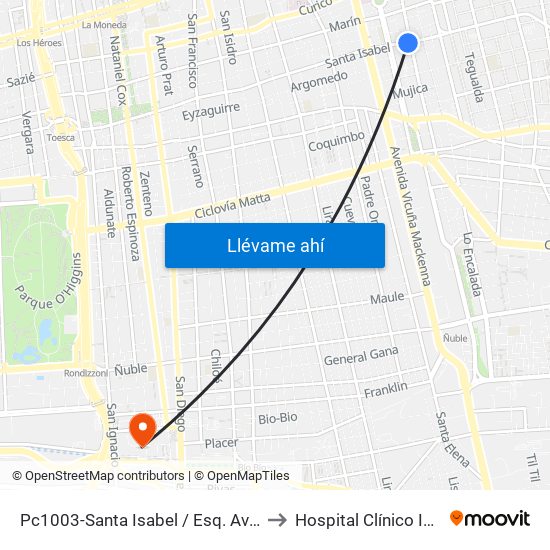 Pc1003-Santa Isabel / Esq. Avenida Seminario to Hospital Clínico Ist Santiago map