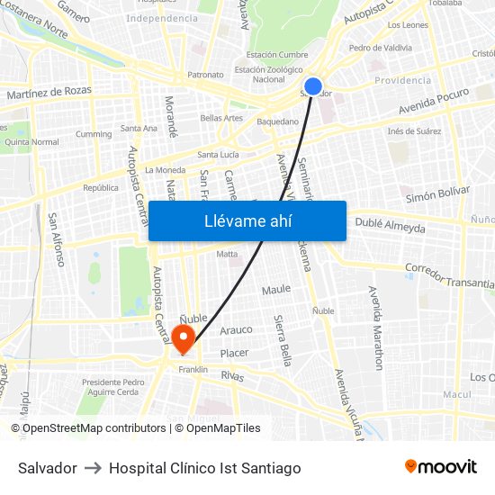 Salvador to Hospital Clínico Ist Santiago map